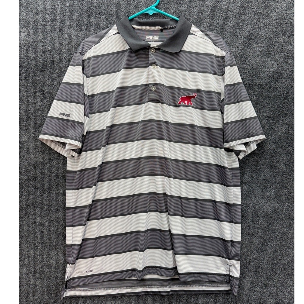 Ping Polo Mens L Grey‎ Striped SensorCool Short Sleeve Elephant Logo Golf Shirt